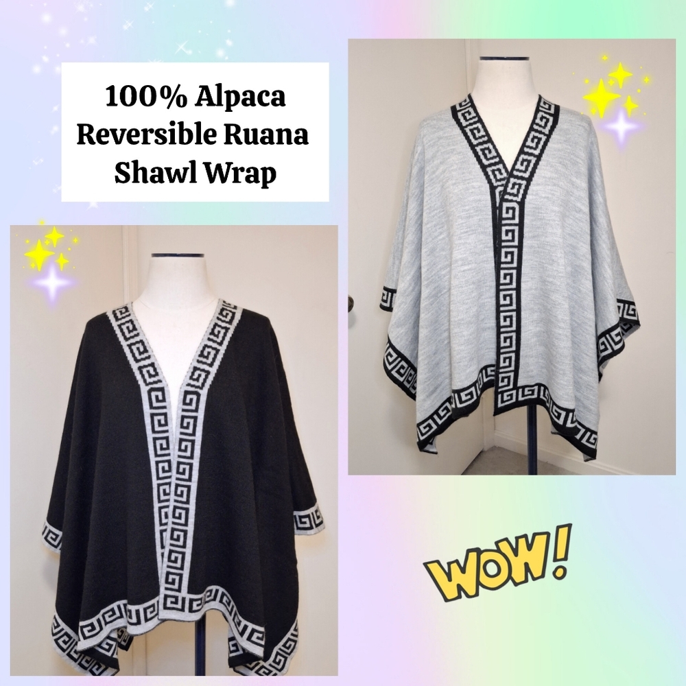 Reversible Alpaca Ruana Shawl Wrap - Black and Gray